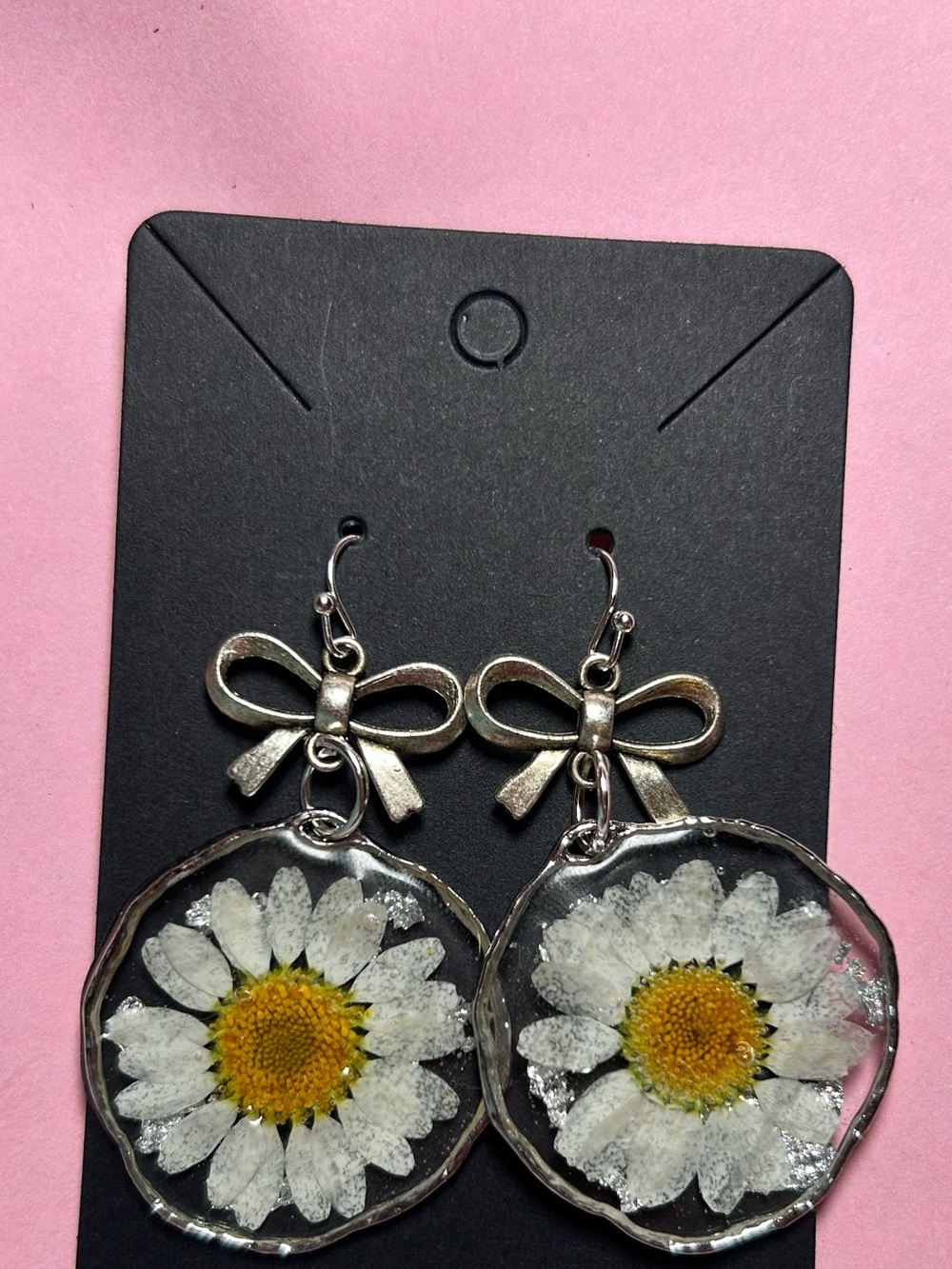 Handmade Daisy Resin Drop Earrings with Bow Accent - White & Yellow